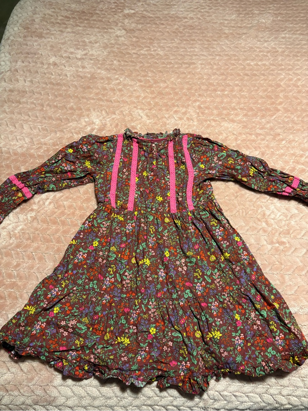 Mini Boden Brown Floral Long-Sleeve Dress with Pink Trim